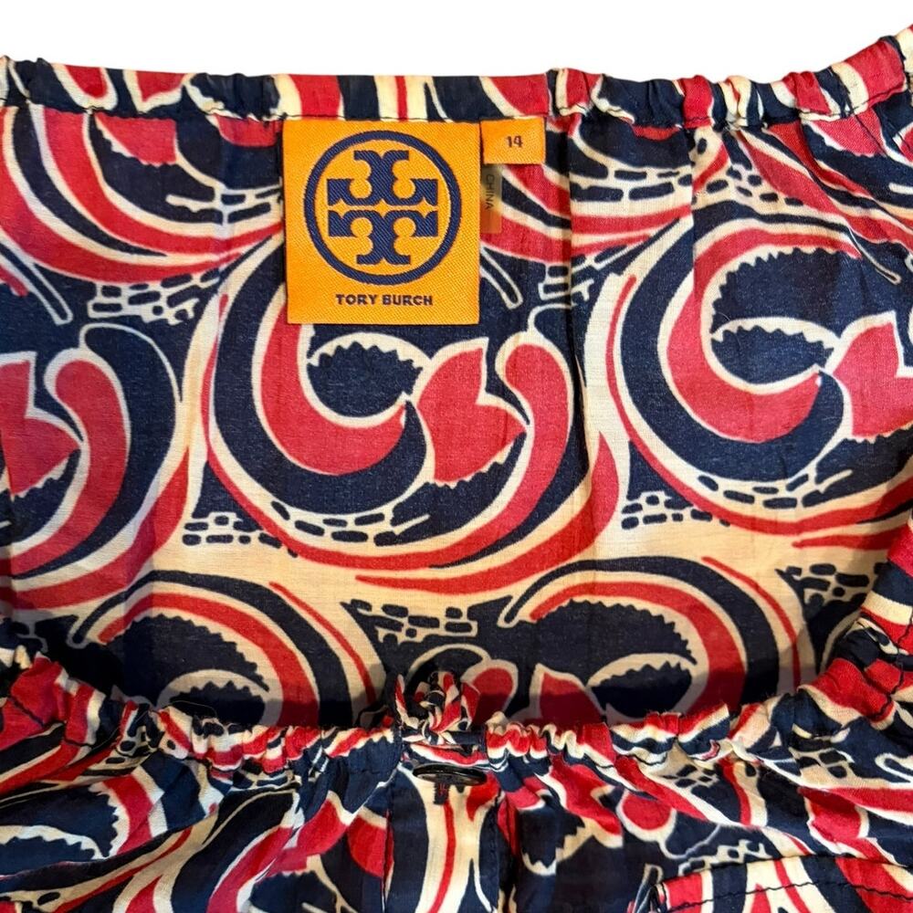 TORY BURCH Women's Abstract Button Down Blouse Sz 14 Red Blue Cotton Silk Blend - Picture 4 of 9